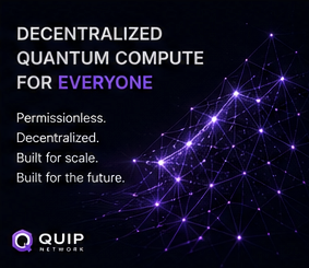 The image features a purple background with white text, which reads "Decentralized Quantum Computer for Everyone". The text also includes three bullet points explaining the concept of a quantum computer. The image has a slight tilt to the left, making it slightly harder to read at first glance.
