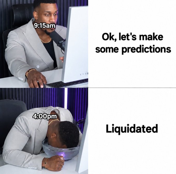 A two-panel meme showing a man in a suit at a computer: the top panel labeled '9:15am - Ok, let's make some predictions', and the bottom panel labeled '4:00pm - Liquidated', with him face-down in a bowl.
