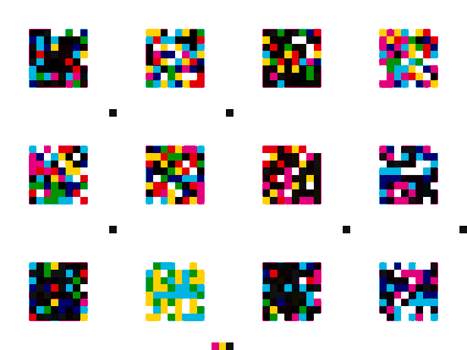 An abstract pattern of colorful pixelated squares arranged in a grid on a white background.