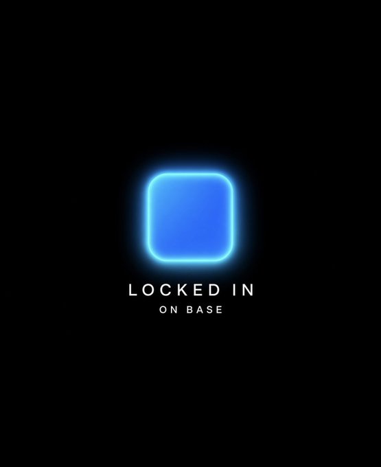 A dark background featuring a glowing neon blue rounded square icon with the text 'LOCKED IN ON BASE' beneath it.