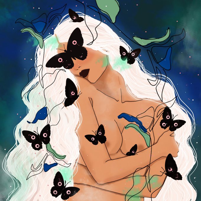 A stylized illustration of a nude, light-skinned figure with long flowing white hair surrounded by black butterflies and abstract shapes against a starry night sky.