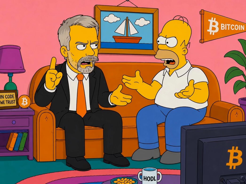 urn of gold coins sits on a pink couch, with two cartoon characters engaged in conversation and surrounded by books and a TV screen displaying the Bitcoin logo.