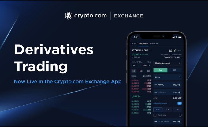A promotional advertisement for Crypto.com Exchange announcing 'Derivatives Trading - Now Live in the Crypto.com Exchange App,' featuring a smartphone screenshot of the BTCUSD-PERP trading interface.