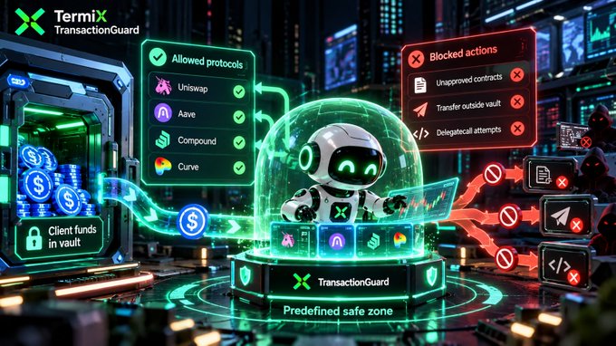 A digital illustration for 'TermiX TransactionGuard' showing a robot in a safe zone with panels listing allowed protocols (Uniswap, Aave, Compound, Curve) and blocked actions including unapproved contracts, transfers outside the vault, and delocalocal attempts.