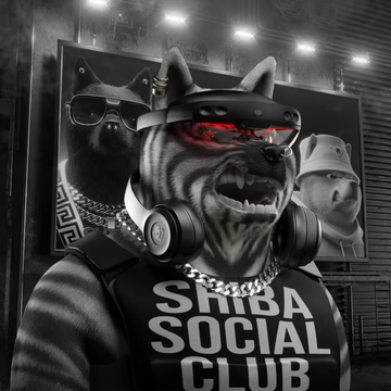A black-and-white digital artwork featuring three Shiba Inu dogs wearing streetwear, with the center dog sporting a VR headset and red sunglasses. The text 'SHIBA SOCIAL CLUB' is displayed on the center dog's shirt.