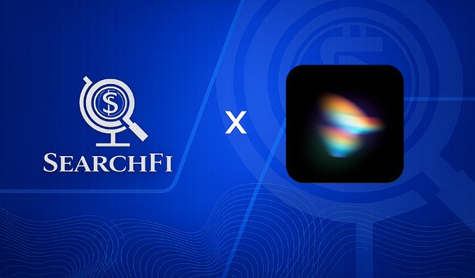 A blue graphic showing the SearchFi logo with a magnifying glass over a dollar sign next to an 'X' and a blurred black app icon.