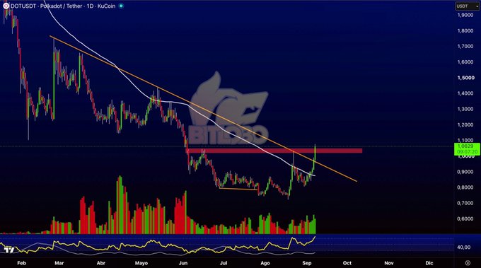 A cryptocurrency candlestick chart for 'DOTUSDT - Polkadot / Tether' on Bitget, showing price action from February through December in USDT, featuring moving averages, a descending trendline, a highlighted resistance zone around 1.05, and an RSI indicator at the bottom.