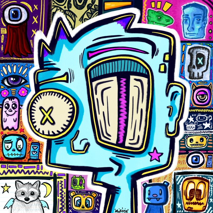A colorful pop-art style illustration of a blue robot-like character with a rectangular face, surrounded by a border of various quirky character doodles including animals, eyes, and faces, signed 'MuRdoSe'.