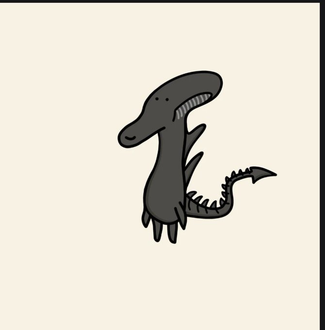 A simple cartoon drawing of a gray dinosaur or monster with a long snout, small arms, spiked back, and a toothy grin on a cream background.