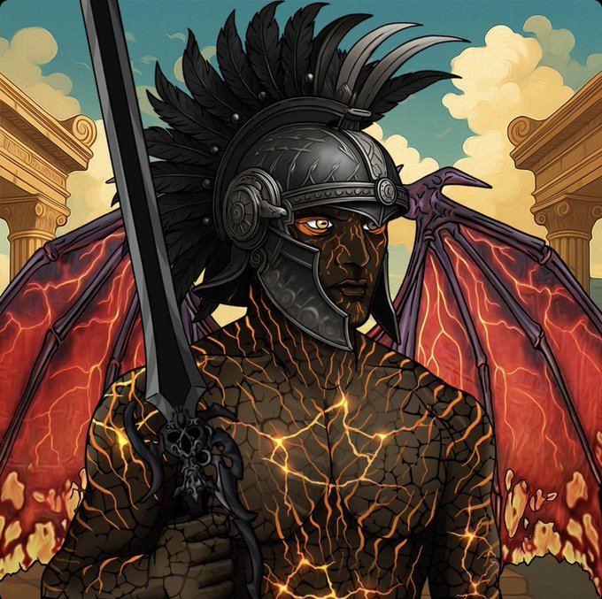 The image features a man with a sword and a helmet, possibly a knight or a warrior from a fantasy world. The man has a black outfit that contrasts with his fiery skin tone. He holds a sword in one hand and a shield in the other, ready for battle. The background includes a castle-like structure, suggesting an ancient or medieval setting. The image also contains text that reads "Good night amazing Web3 fam Catch up to y’all tomorrow, WAGMI for sure @Solgodsnfts".