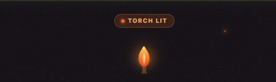 A simple digital illustration showing a lit match flame against a dark background, with a label reading 'TORCH LIT' above it.
