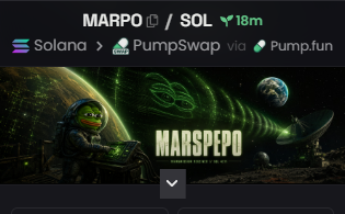 A promotional banner for "MARSEPO" cryptocurrency token, showing a frog astronaut on the moon with Solana, PumpSwap, and Pump.fun branding.