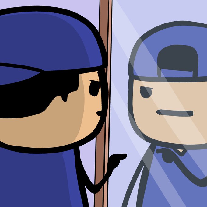 Cyanide and Happiness-style cartoon showing a burglar in a blue mask and sunglasses staring at his own reflection in a mirror, revealing a police officer on the other side.