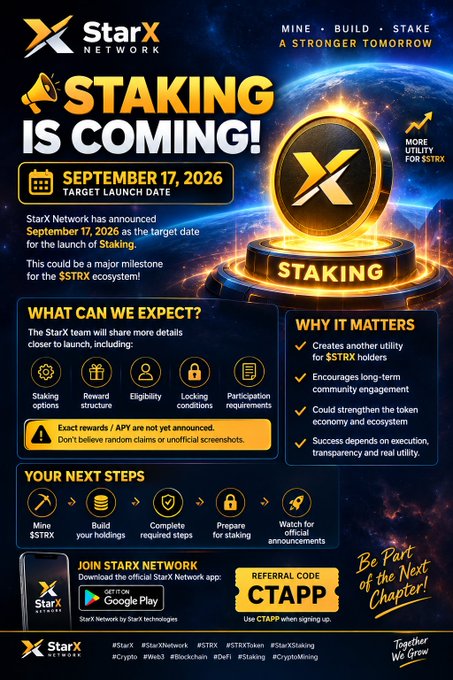 Promotional infographic from StarX Network announcing that staking for the $STRX token is targeted to launch on September 17, 2026, featuring details on expected features (staking options, reward structure, eligibility, locking conditions, participation requirements), reasons it matters, and a referral code "CTAPP" for the StarX Network app on Google Play. The image directly supports the post by visually emphasizing the staking announcement date and highlighting the key utility milestone for $STRX holders.