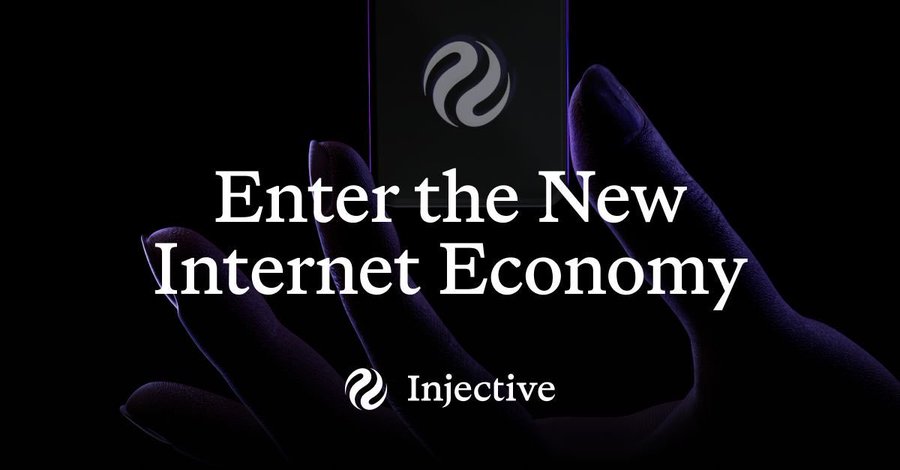A dark promotional graphic showing hands reaching toward a glowing square, with text reading 'Enter the New Internet Economy' and the Injective logo displayed at the bottom.