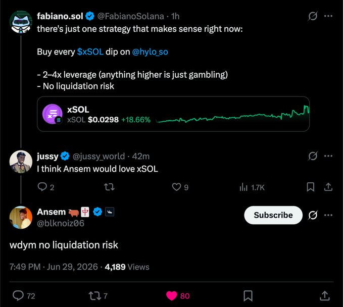 A Twitter exchange where @FabianoSolana promotes buying "xSOL" dips on Hylo with 2-4x leverage and "no liquidation risk," prompting @blknoiz06 (Ansem) to skeptically ask "wdym no liquidation risk" under a post showing xSOL at $0.0298 (+18.66%), reinforcing the pitch of xSOL as a leveraged, liquidation-resistant alternative to SOL.