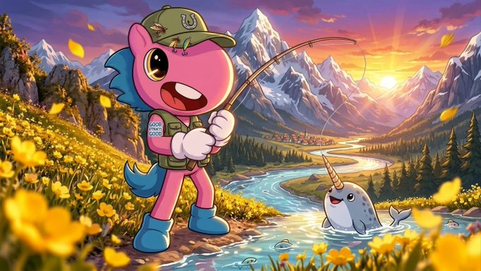 A digital illustration of a pink cartoon character wearing a fishing hat and vest, standing in a scenic mountain landscape at sunset with yellow flowers, holding a fishing rod near a river with a small narwhal-like creature.