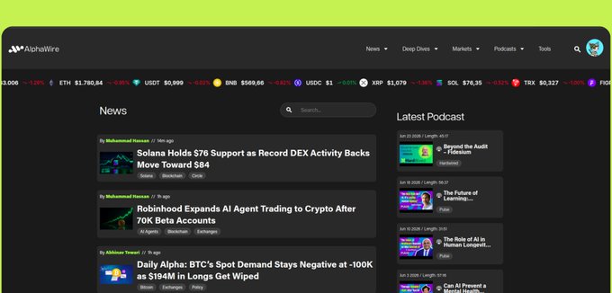 A screenshot of the Alphafire news dashboard displays crypto headlines including 'Solana Holds $76 Support as Record DEX Activity Backs Move Toward $84', 'Robinhood Expands AI Agent Trading to Crypto After 70K Beta Accounts', and 'Daily Alpha: BTC's Spot Demand Stays Negative at -100K as $194M in Longs Get Wiped', along with a Latest Podcast sidebar.