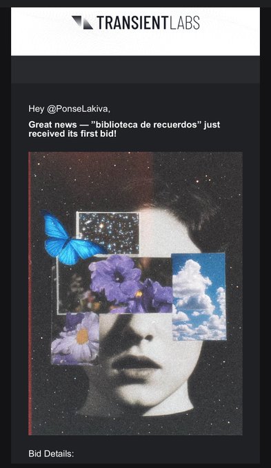 A notification from TRANSIENTLABS informs user @PonseLakiva that the artwork 'biblioteca de recuerdos' has received its first bid, featuring a collage of a woman's face with overlapping images of a butterfly, flowers, and clouds.