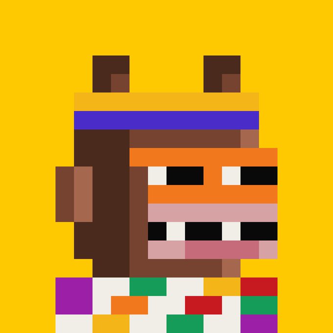 A pixel art NFT character featuring an orange-skinned figure with a wide grin, a purple-banded headpiece with brown horns, and a colorful block-patterned shirt, set against a bright yellow background—matching the playful, meme-like aesthetic of the creator's first Zcash-based NFT collection.
