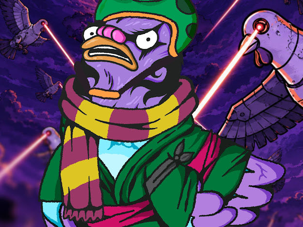 A colorful cartoon illustration of a purple anthropomorphic bird warrior wearing a green hood, yellow and red scarf, and green robe, wielding glowing red energy blades, with flying birds in a purple sky background.