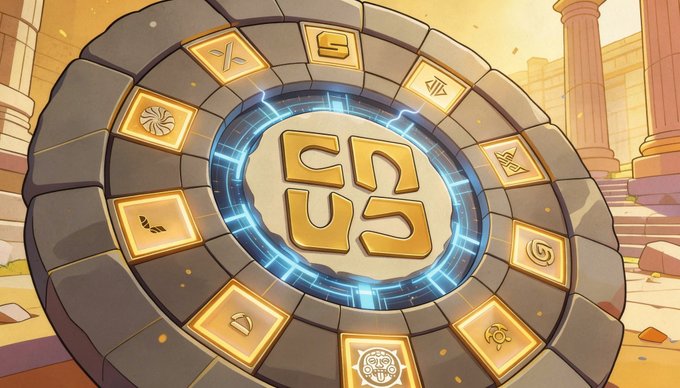 A fantasy-style circular stone emblem with glowing blue runes and a golden center symbol, set against an ancient temple background.