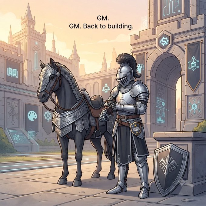 An illustration of an armored knight standing next to his horse in front of a castle, with the text 'GM. GM. Back to building.'