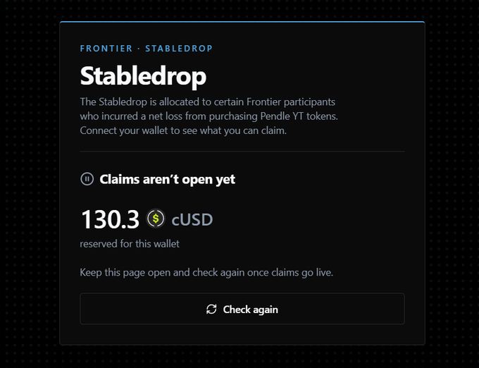 The image shows a Frontier Stabledrop page indicating "Claims aren't open yet," with 130.3 cUSD reserved for the connected wallet. This aligns with the post, where the user confirms eligibility for ~130 cUSD from the Cap Stabledrop and announces their intent to claim the tokens, withdraw, and stop using the platform in protest over unrewarded LPs and cUSD holders.