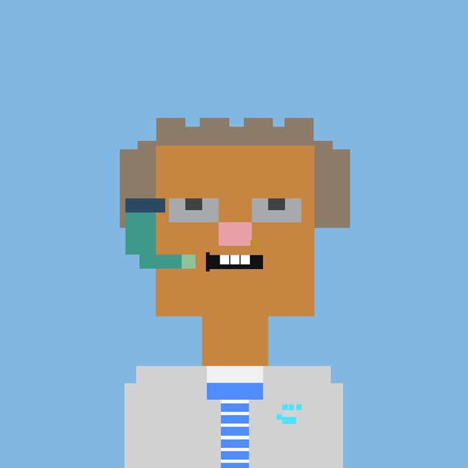 A pixel art character with brown skin and gray hair, wearing a gray jacket and blue tie, with what appears to be a snorkel or mask on the side of their face, set against a light blue background.