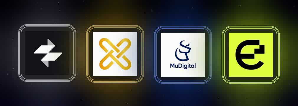 The image features four different logos displayed side by side against a dark background. The logos are arranged vertically with each logo occupying its own space within the frame. The first logo is a square with an arrow pointing upwards, followed by another square with a yellow x symbol and a blue "S" in the center. The third logo is a square with a yellow "E" on it, and the fourth logo is a square with a yellow "E" and a blue "E". These logos represent various companies or organizations, possibly related to finance or technology.
