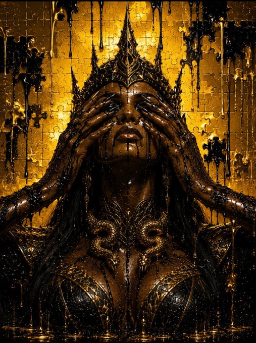 The image features an artistic representation of a woman with long hair wearing a crown, surrounded by gold paint splatters that give her a regal appearance. The background includes black and white puzzle pieces scattered around her, adding to the overall visual effect. The caption reads "GN Kings & Queens Another little alpha for the family... I’m an official ambassador for @ZARGATES NFTs, and my PFP is set to be featured in the game. ZarGates NFTs are coming, and there's a lot being built behind the scenes."