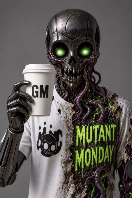 A metallic, robotic figure with glowing green eyes holds a white 'GM' coffee cup, wearing a dirty white t-shirt featuring a skull logo and the text 'MUTANT MONDAY' in dripping green letters.