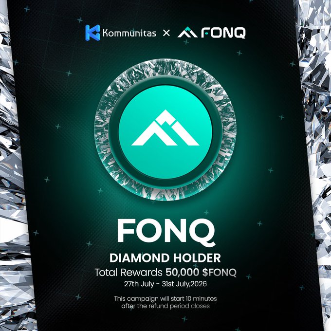 Kommunitas x FONQ promotional graphic for a 'DIAMOND HOLDER' campaign with 'Total Rewards 50,000 $FONQ' running from 27th July to 31st July, 2026.