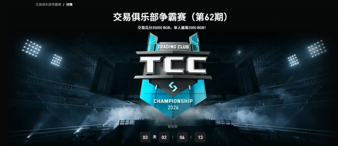 A promotional banner for a 'Trading Club Championship 2024' (TCC) event with Chinese text indicating it's the 62nd edition, showing prize pools of 350,000 BGN for the trading segment and 2,000 BGN for the highest profit, with a countdown timer at the bottom.