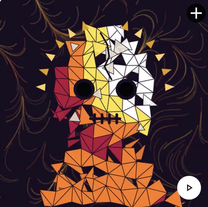 A geometric, low-poly digital art portrait of a character with split yellow/white and red/orange face, hollow black eyes, stitched mouth, and spiky hair, set against a dark background with swirling patterns. The image fits the post's description as a stylized profile picture (PFP) artwork, though no text, usernames, or tickers are visible within the image itself.