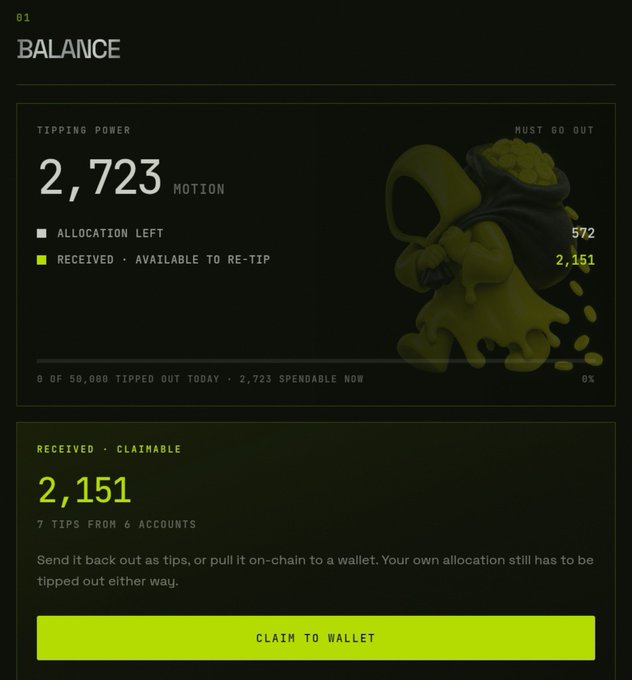 A screenshot of a Motion tipping platform balance page showing 2,723 MOTION in tipping power with 2,151 MOTION received (claimable) from 7 tips across 6 accounts, with a "Claim to Wallet" button enabled. The image illustrates the user's complaint about a previously withdrawn balance appearing as claimable again, supporting their concern that the claim function—which was reportedly paused—has been reactivated.
