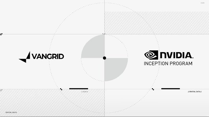 A minimalist presentation slide comparing 'VANGRID' (with an arrow logo) on the left against 'NVIDIA INCEPTION PROGRAM' on the right, separated by a central geometric design with crosshair patterns.