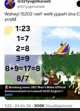 The image is a tweet from "@321yugelbáraeb" (the mirrored username of @bearableguy123) showing a math problem "1:23 / 1=7 / 2=8 / 3=9 / 8+9=17=8 / 8/7" alongside a knight on horseback holding a rainbow sword, with a Breaking News banner about an SEC announcement on a XRP lawsuit until August 7. The reversed/mirrored content illustrates the post's note about the account presenting everything backwards or inverted from reality.