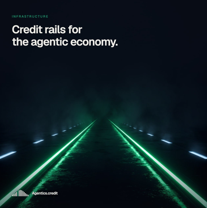 A promotional graphic titled "Credit rails for the agentic economy" by Agentics.credit, showing glowing green lines extending into the distance through a foggy environment.