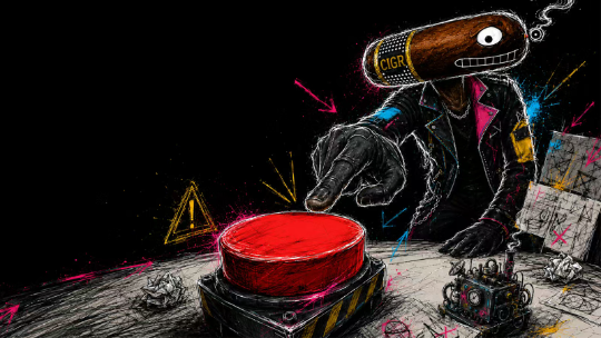 A dark, stylized digital artwork showing a shadowy figure with a cigar-like head labeled "CIG3" pressing a glowing red button on a warning panel.