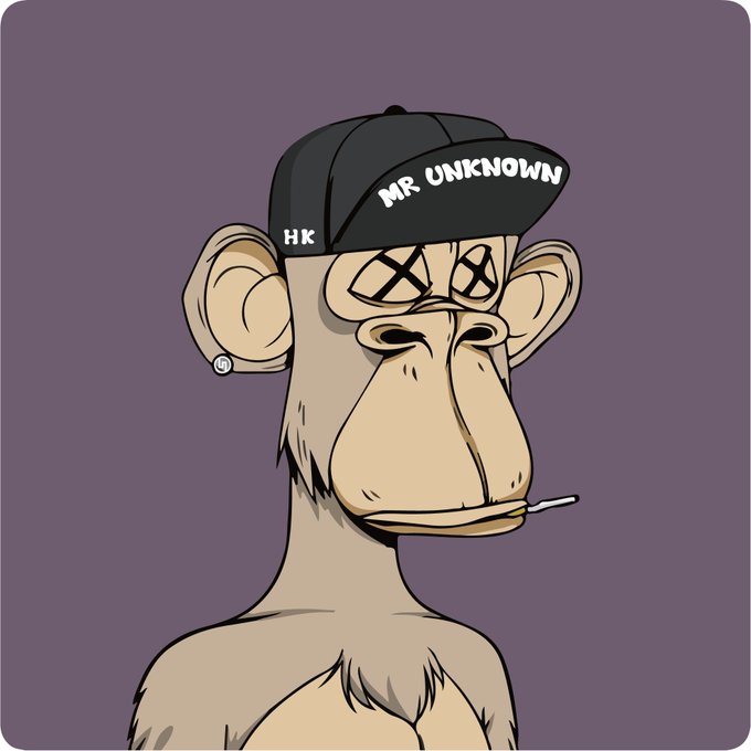 A cartoon Bored Ape-style character wearing a black cap with 'MR. UNKNOWN' text, 'HK' on the side, smoking a cigarette, with X-shaped eyes and an earring, against a purple background.