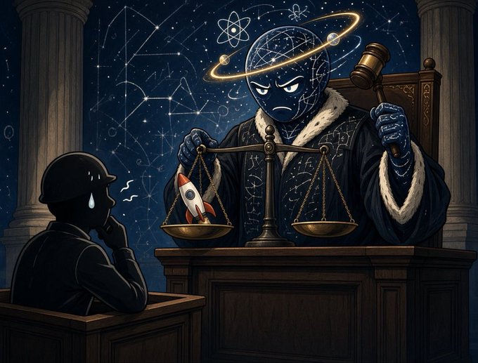 An artistic illustration depicts a celestial judge figure weighing a small rocket against a gavel on a cosmic scale, while a small worker watches nervously.