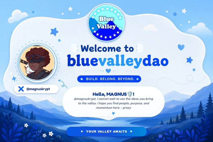 A welcome graphic for "bluevalleydao" featuring a cartoon character with red hair and sunglasses labeled "@magnuskrypt," set against a blue mountain landscape with the tagline "BUILD. BELONG. BEYOND." and "YOUR VALLEY AWAITS."