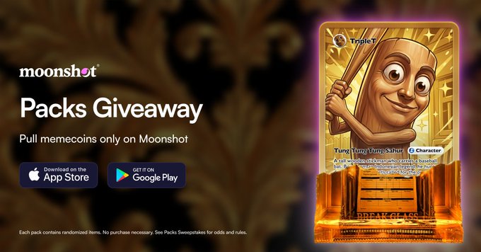 The image features a cartoon character of a person holding a baseball bat with a gold card attached to their back, which has the text "TripleT got its own card in Moonshot Packs In celebration, we're giving away 10 Casual Packs to 10 lucky users". The post also includes an app store link and a social media share button.