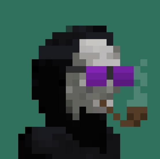 Pixel art depicts a character with a purple visor or goggles and a gray, helmet-like head, wearing dark clothing and holding what appears to be a smoking pipe, set against a dark teal background.