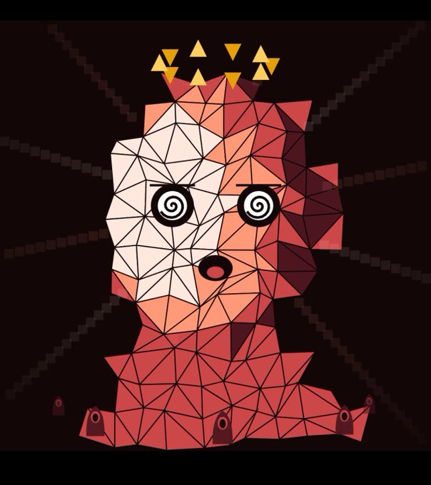 A geometric, low-poly style digital illustration of a stylized character with spiral eyes and a crown, rendered in red, pink, and beige triangular facets against a dark background.