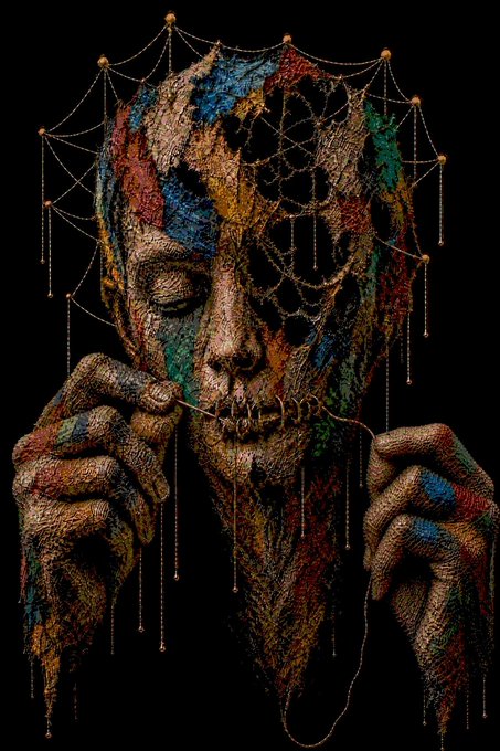 A dark, surreal digital artwork of a textured face with closed eyes and vibrant multicolored patches, draped in a spider web-like crown with dangling beaded strings, as two weathered hands hold a chain near the mouth.