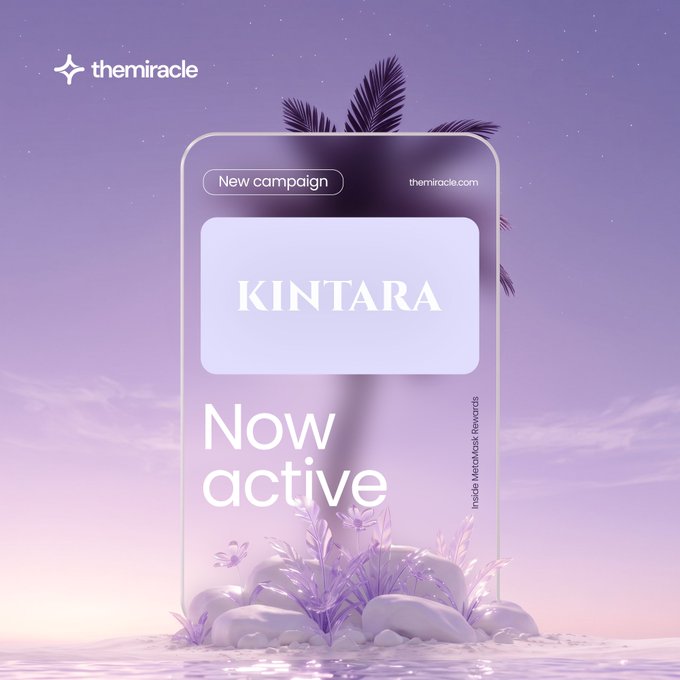 Digital advertisement for 'themiracle' cryptocurrency exchange showing a new campaign called 'KINTARA' with 'Now active' text displayed on a translucent phone-shaped interface against a purple sunset background.