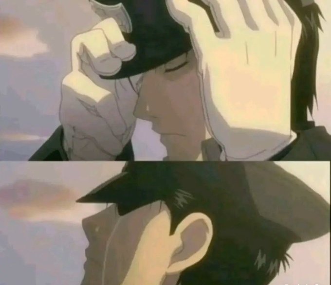Two-panel anime image showing a character wearing a hat with a hand near their face, looking down with a somber expression against a cloudy sky background.