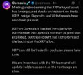A brief snippet of a Twitter/X post from 'Onramp' discussing XRP/xrp purchases, escrow accounts, and updates regarding the token and update table.